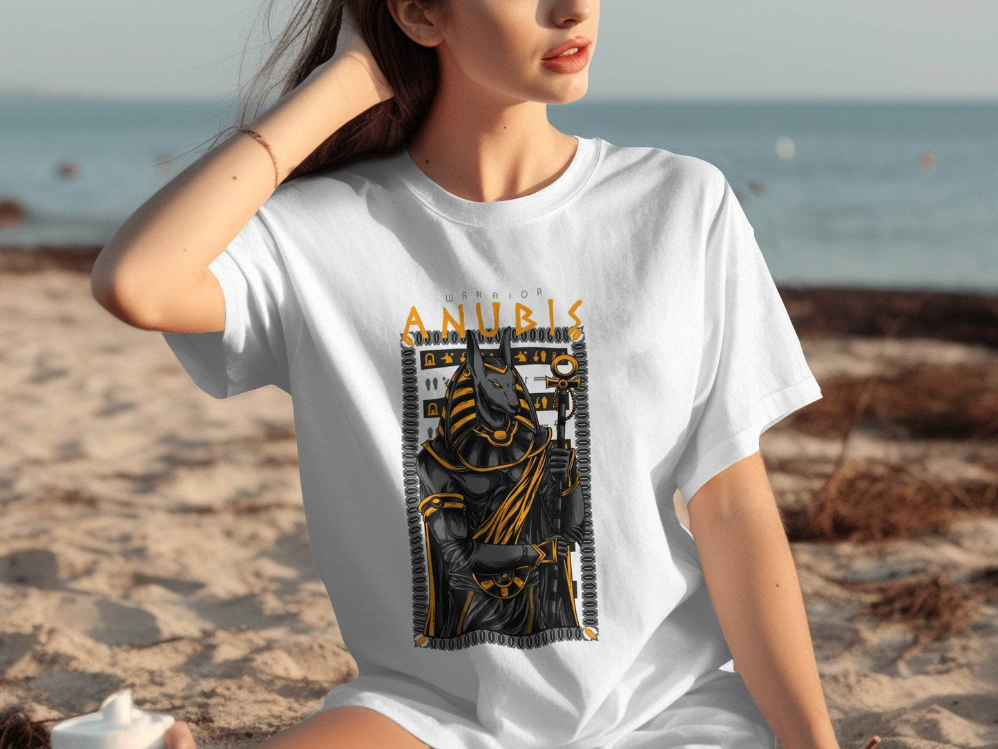 Anubis Warrior with Hieroglyphs Illustration Graphic T-Shirt - Design & Vybe