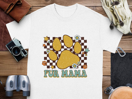 Fur Mama Paw Print Stars Flowers Checkered Pattern T-Shirt - Design & Vybe