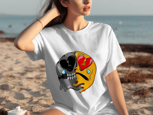Dual Emotions Skull And Hearts Smiley Graphic T-Shirt - Design & Vybe