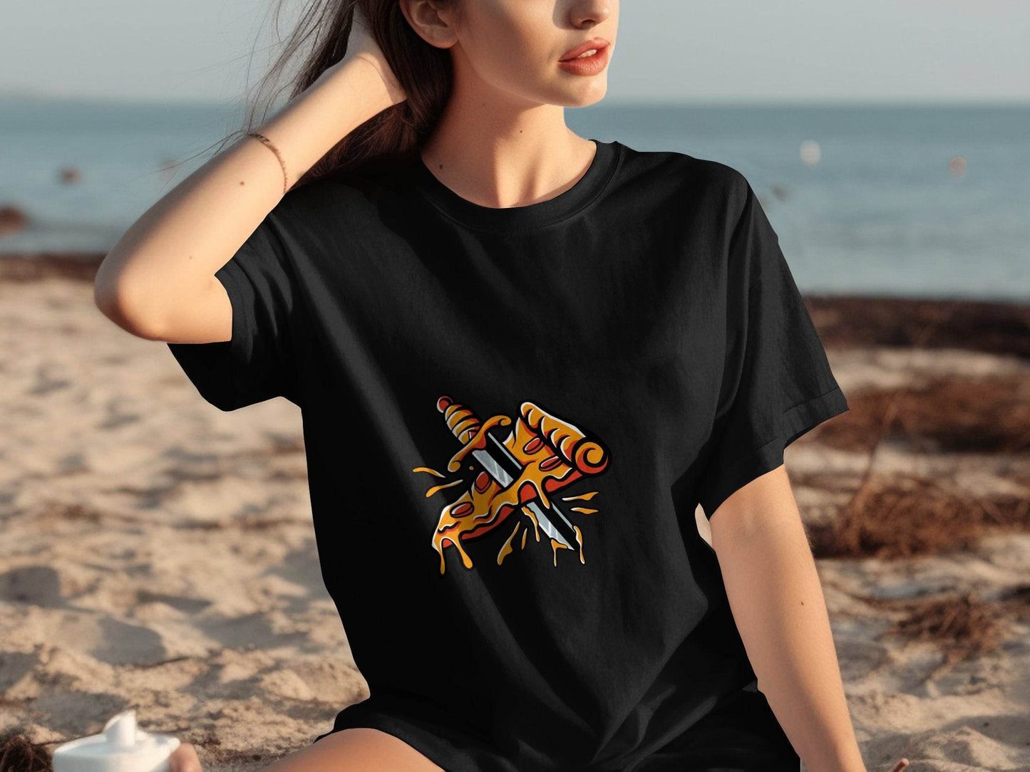 Pizza Slice Versus Sword Funny Artistic Design T-Shirt - Design & Vybe