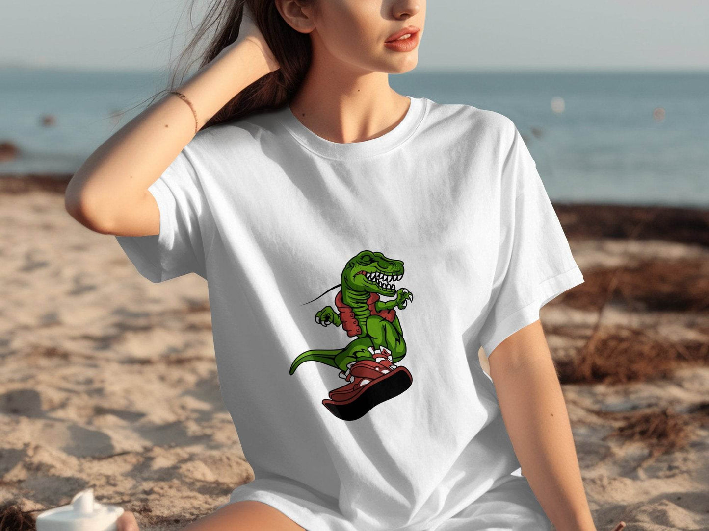 Dinosaur On a Snowboard Cartoon Graphic Style T-Shirt - Design & Vybe