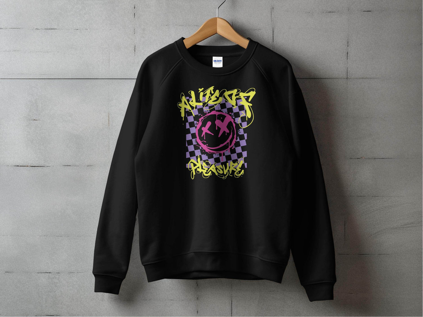 Grunge Smiley Checkered Dead Smile Graphic with Graffiti Sweater - Design & Vybe