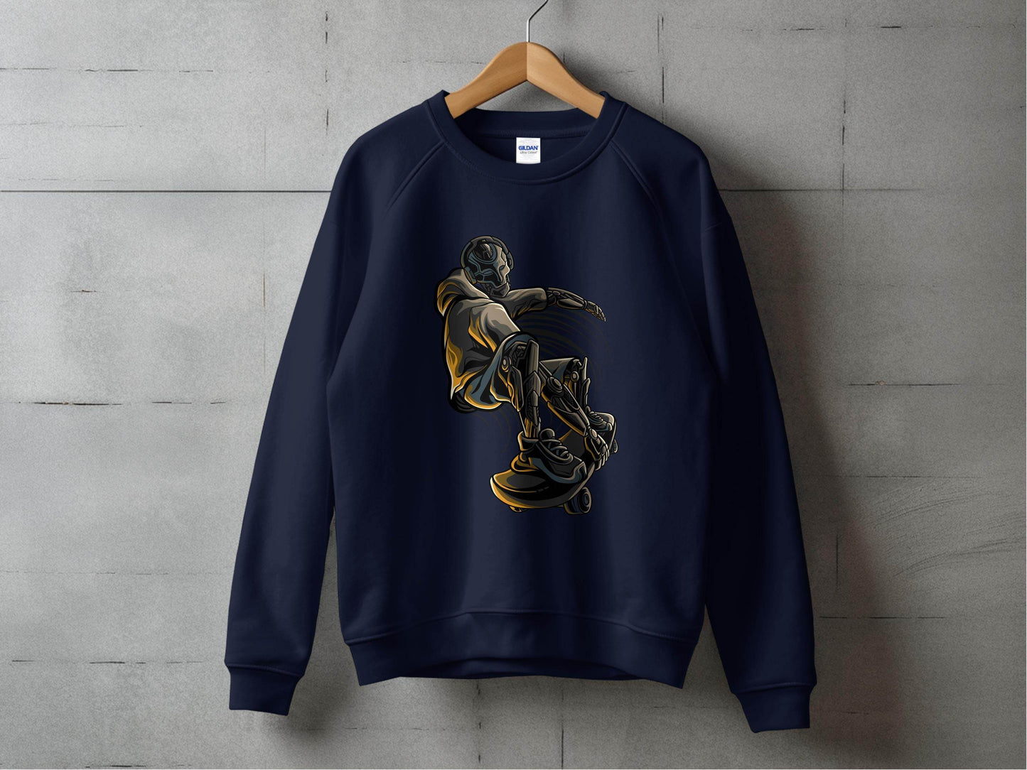 Futuristic Robot Skateboarding Graphic on Trendy Sweater - Design & Vybe