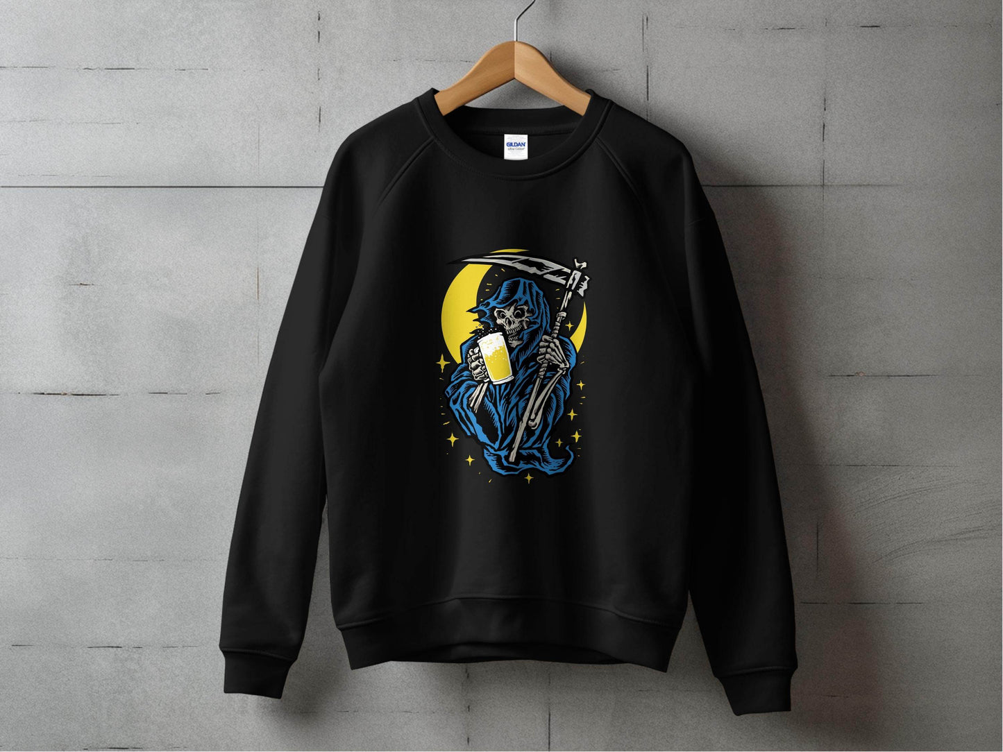 Grim Reaper Holding Beer Glass With Crescent Moon Sweater - Design & Vybe