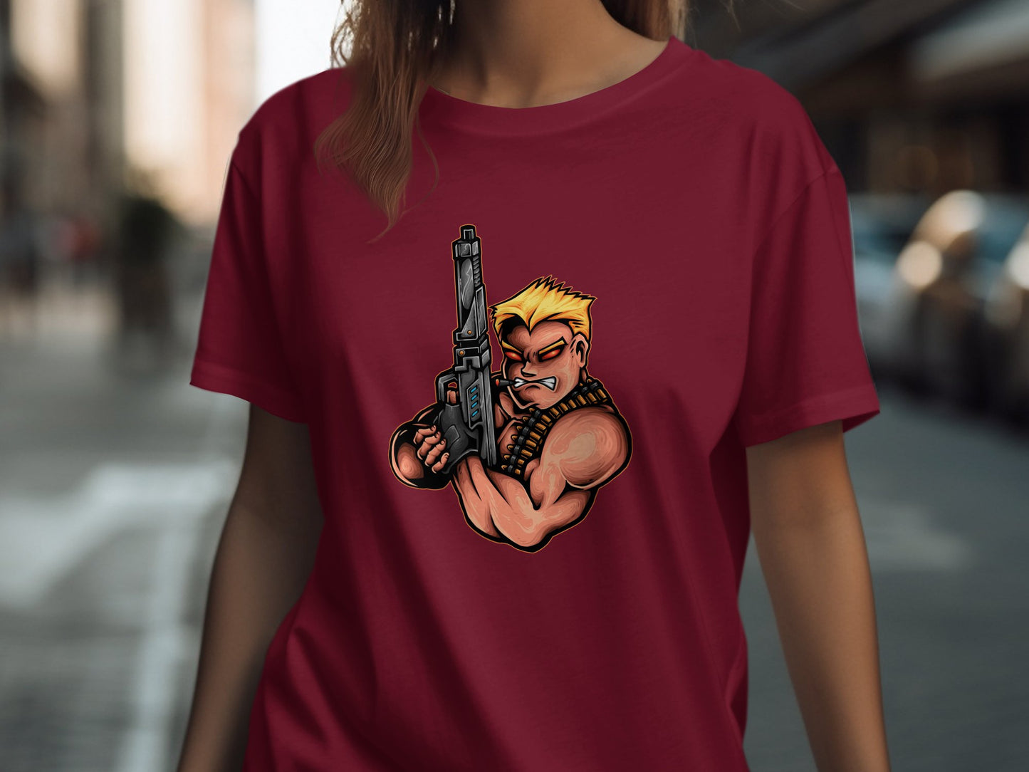 Blonde Warrior with Gun Red Shirt product