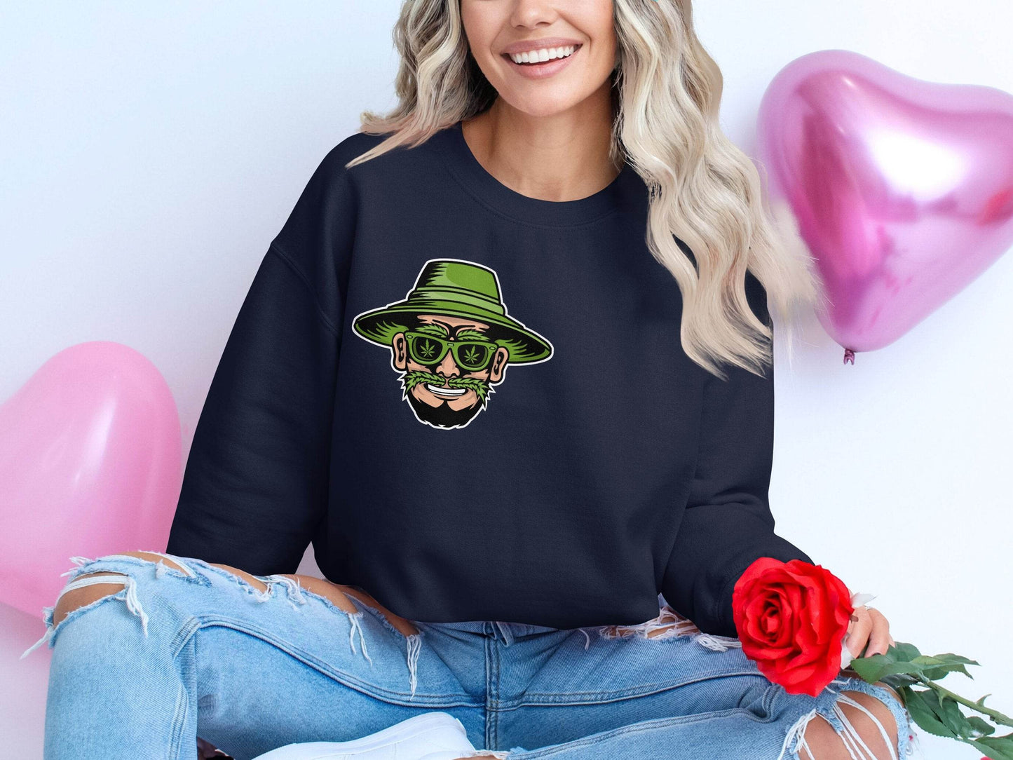 Green Bearded Man With Weed Hat Cartoon Design Sweater - Design & Vybe