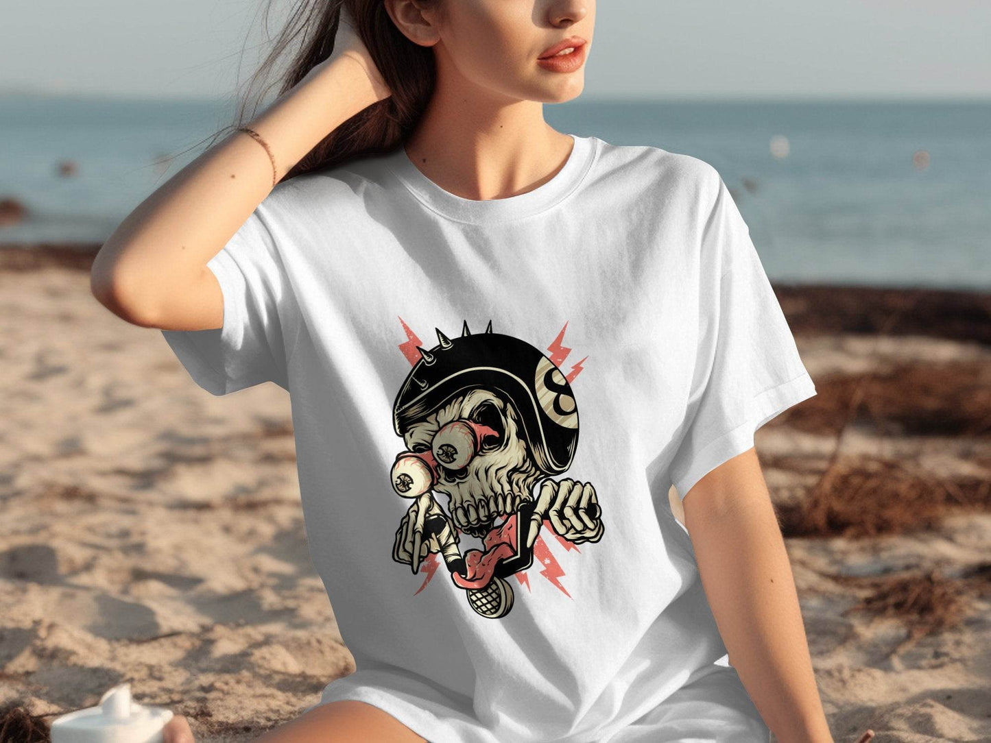 Eight Ball Spiked Helmet Skeleton Ride On T-Shirt - Design & Vybe