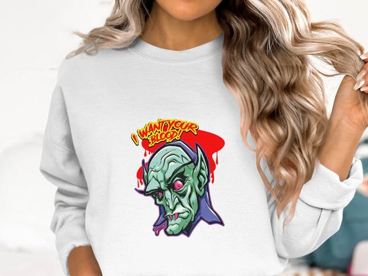 I Want Your Blood Vampire Head Horror Graphic Sweater - Design & Vybe