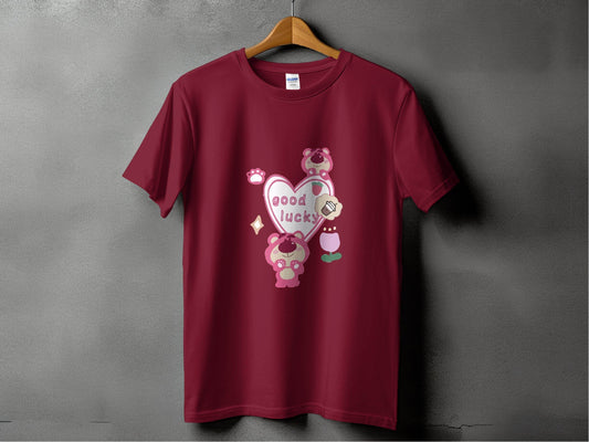 Cute Pink Bear With Good Lucky Heart Design T-Shirt - Design & Vybe