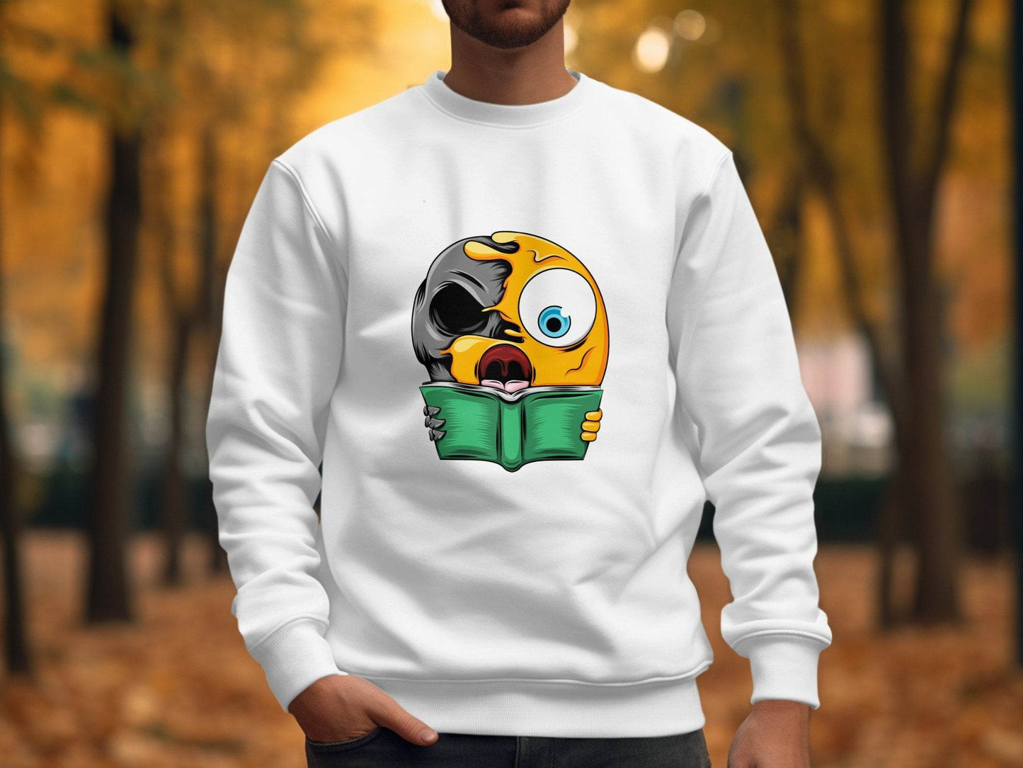 Half Emoji Half Skull Reading Book Funny Design Sweater - Design & Vybe