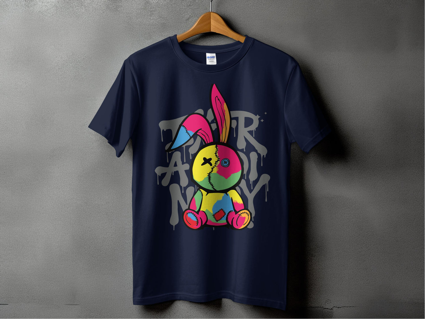 Colorful Bunny Graffiti Design on Navy T-shirt product