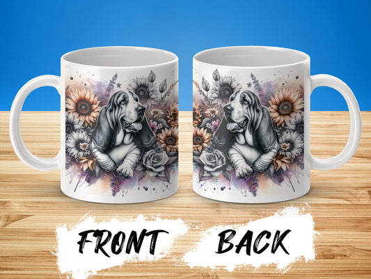 Basset Hound Floral Design Mug Front Back View product