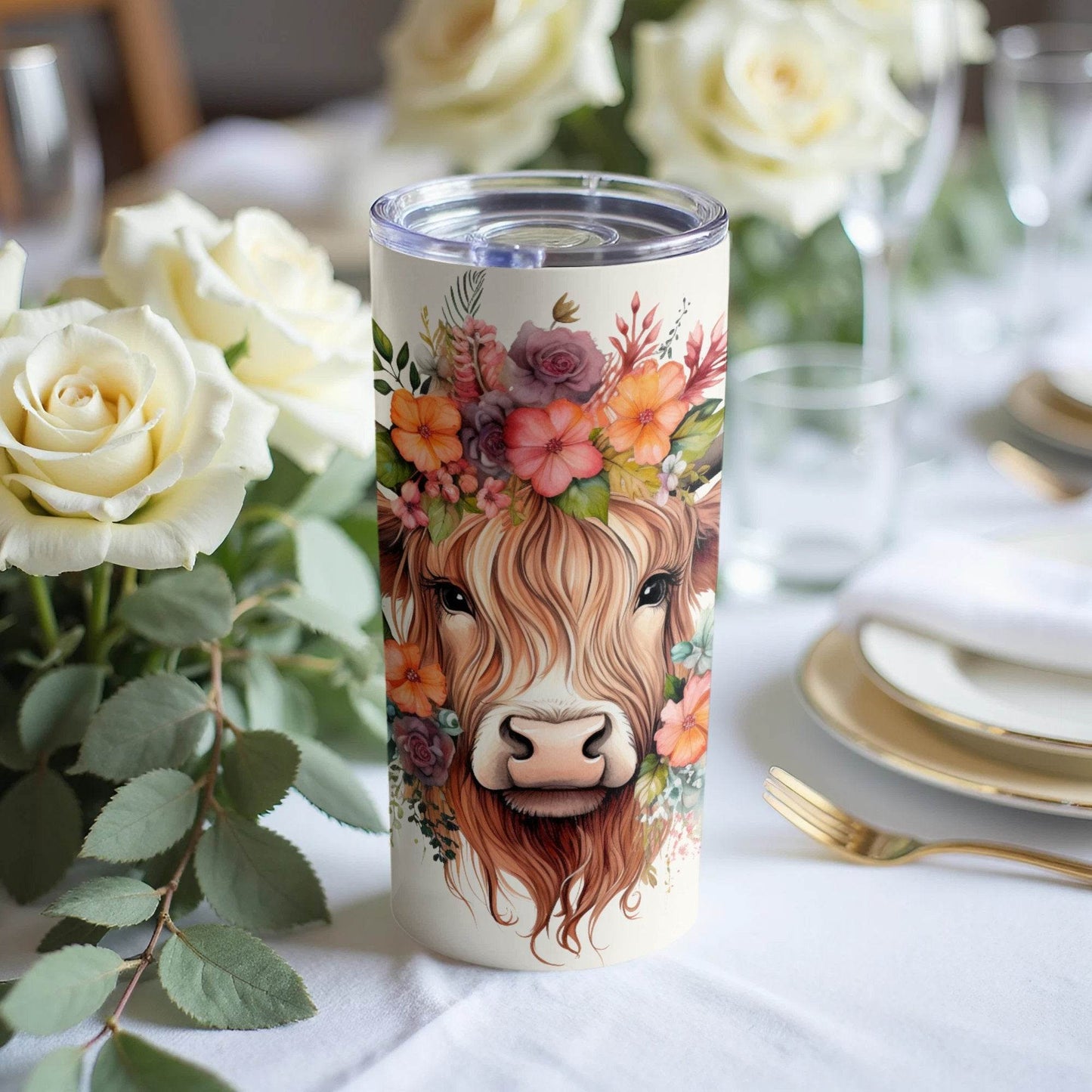 Floral Crown Highland Cow Watercolor Art Design Tumbler - Design & Vybe