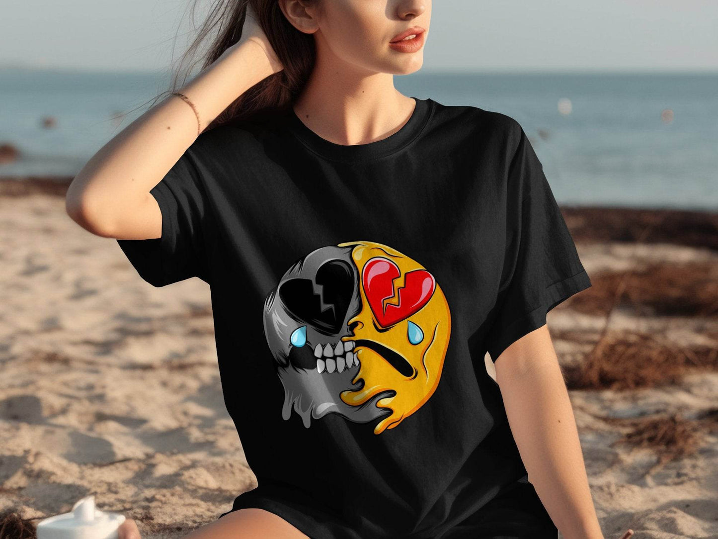 Dual Emotions Skull And Hearts Smiley Graphic T-Shirt - Design & Vybe