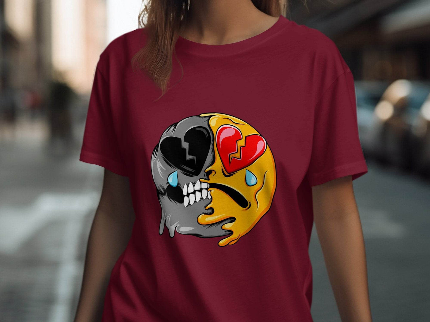Dual Emotions Skull And Hearts Smiley Graphic T-Shirt - Design & Vybe