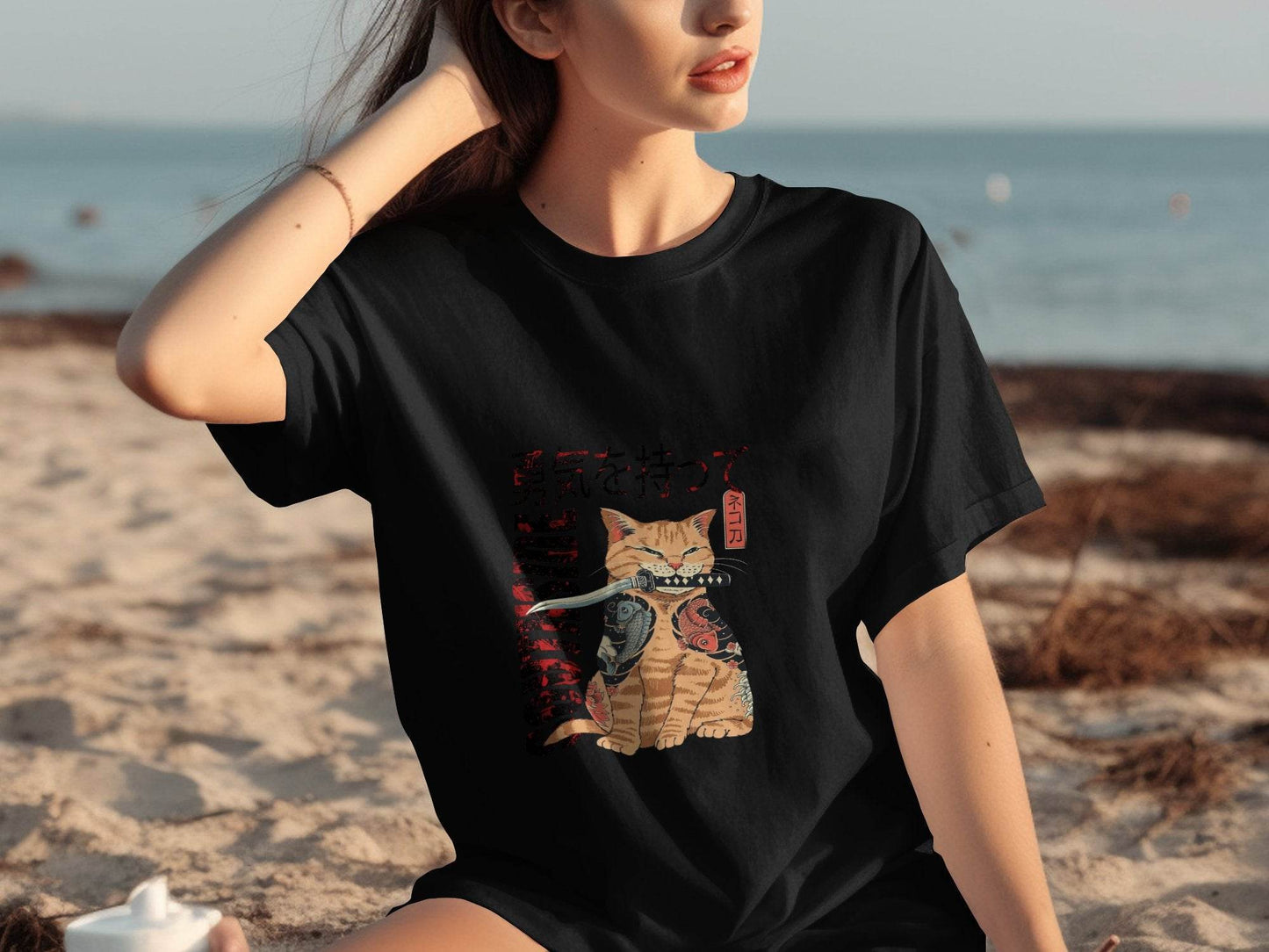 Tattooed Cat with Sword and Japanese Southside Text Design T-Shirt - Design & Vybe