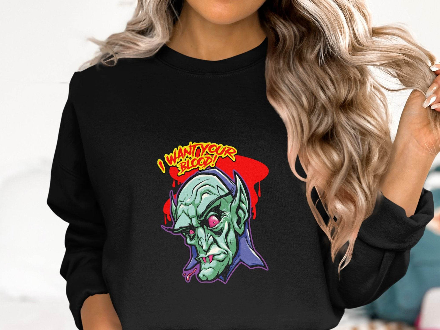 I Want Your Blood Vampire Head Horror Graphic Sweater - Design & Vybe