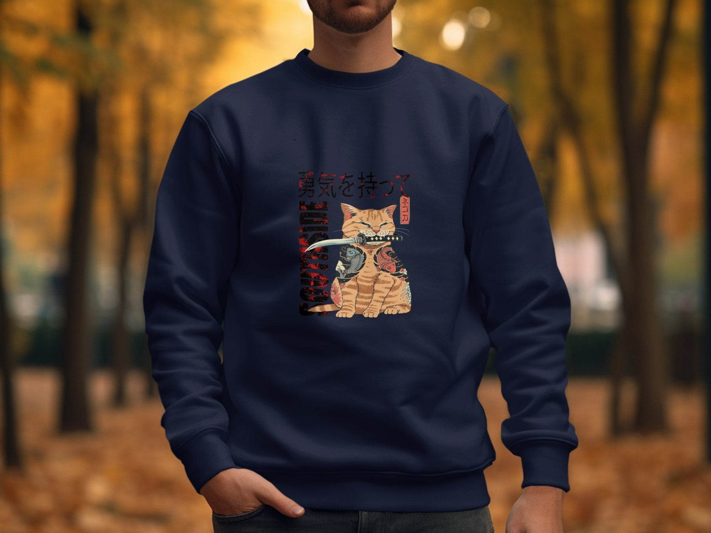 Tattooed Cat with Sword and Japanese Southside Text Design Sweater - Design & Vybe
