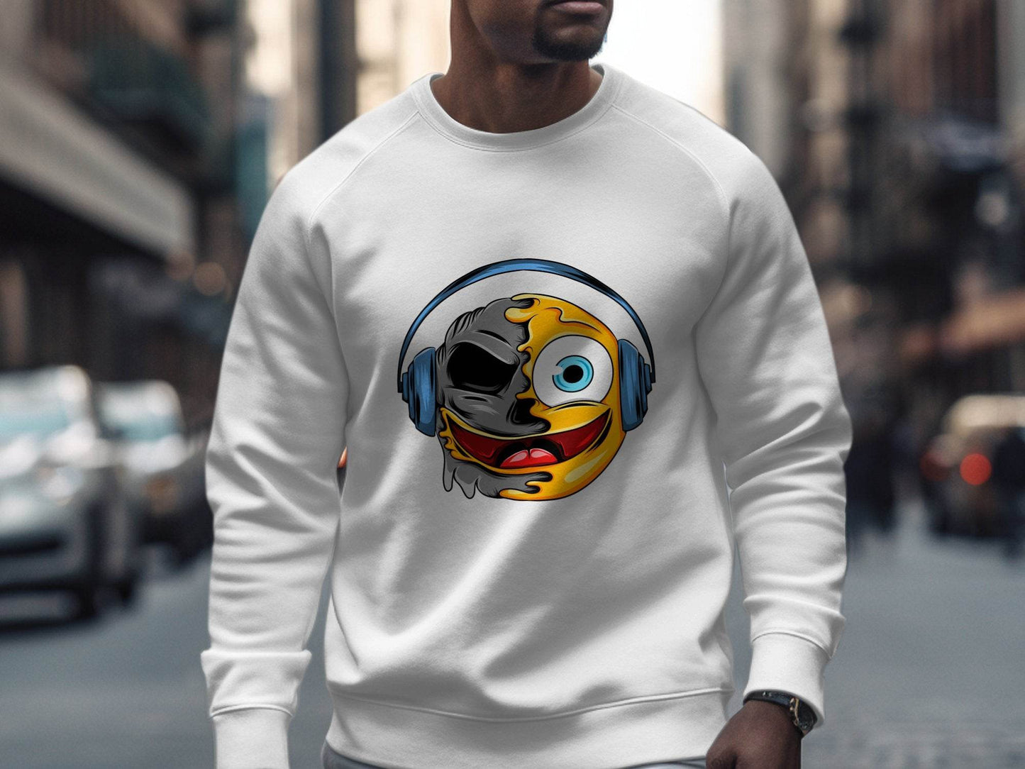 Bold Expression Headphones Smiley Graphic Sweater - Design & Vybe