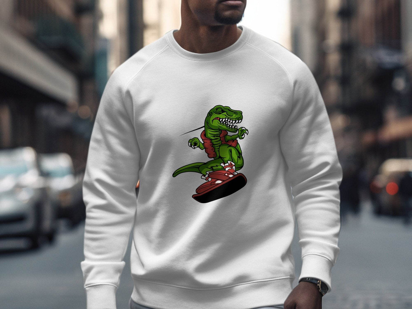 Dinosaur On a Snowboard Cartoon Graphic Style Sweater - Design & Vybe