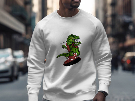 Dinosaur On a Snowboard Cartoon Graphic Style Sweater - Design & Vybe
