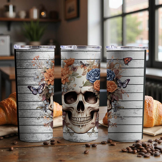 Floral Skull Butterflies on White Wood Background Tumbler - Design & Vybe