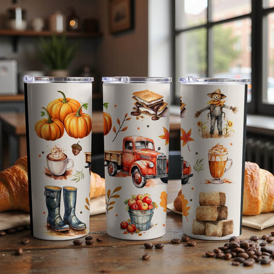 Farm Theme Autumn Harvest Truck Pumpkins Smores Fall Boots Design Tumbler - Design & Vybe