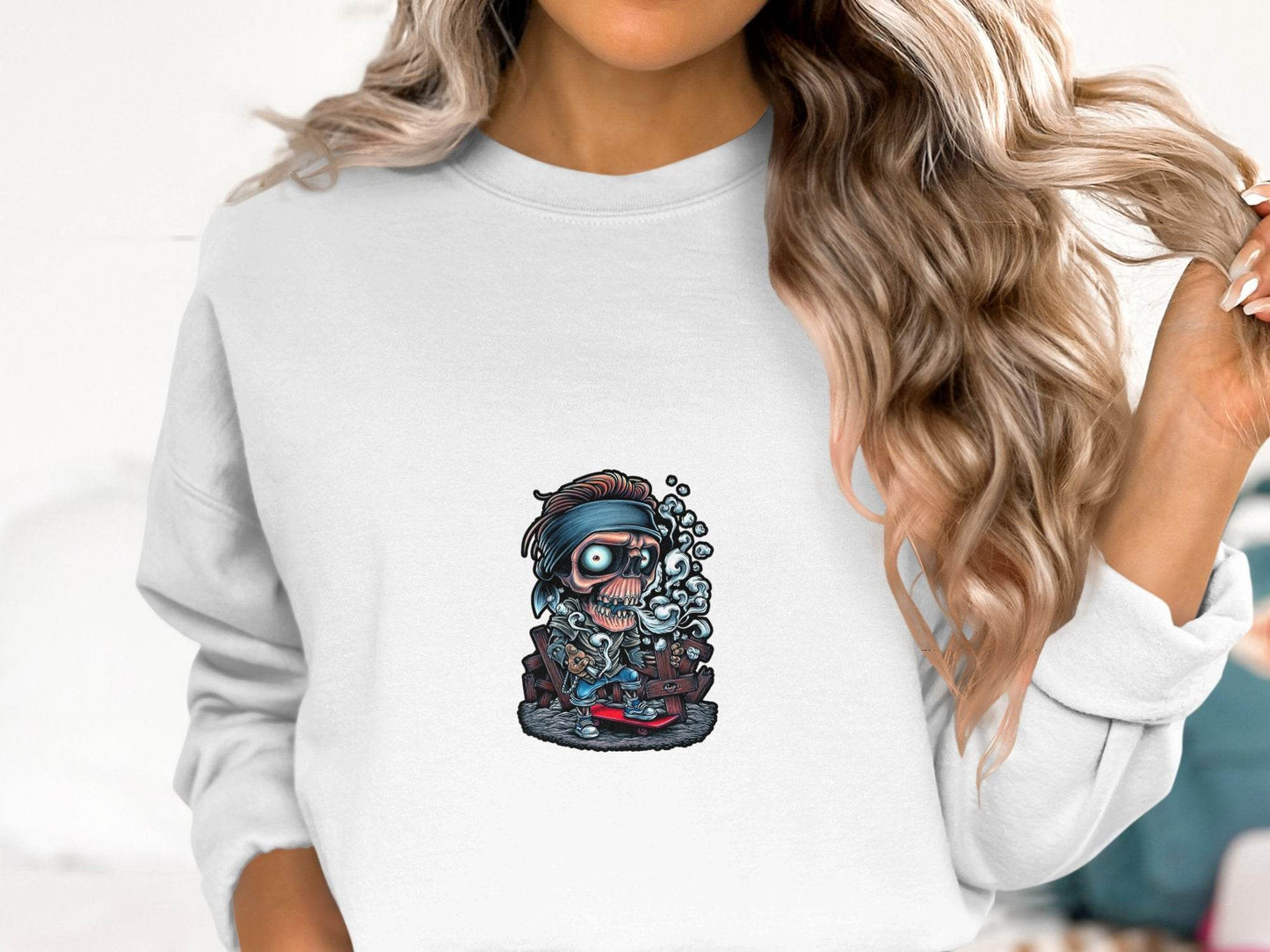 Skull On Skateboard Smoking Cartoon Art Illustration Sweater - Design & Vybe