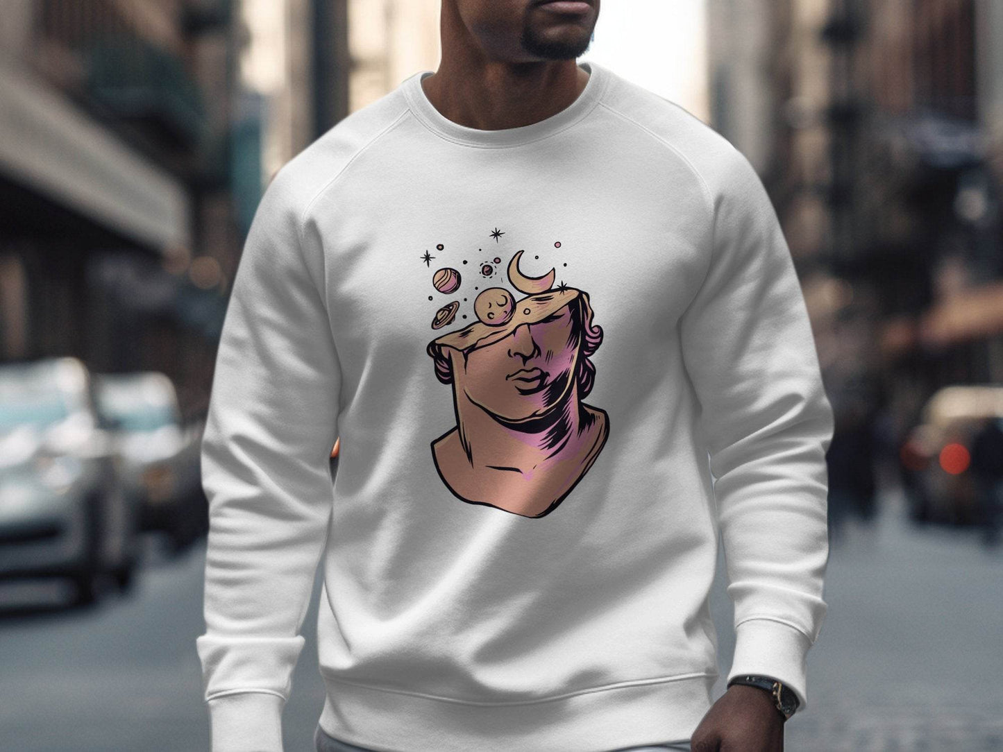 Head in the Space Planets and Moon Graphic Art Sweater - Design & Vybe