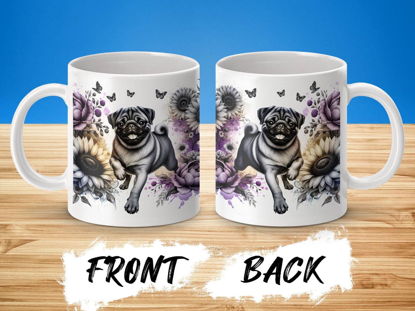 Pug Design Mug with Floral Butterfly Background product type