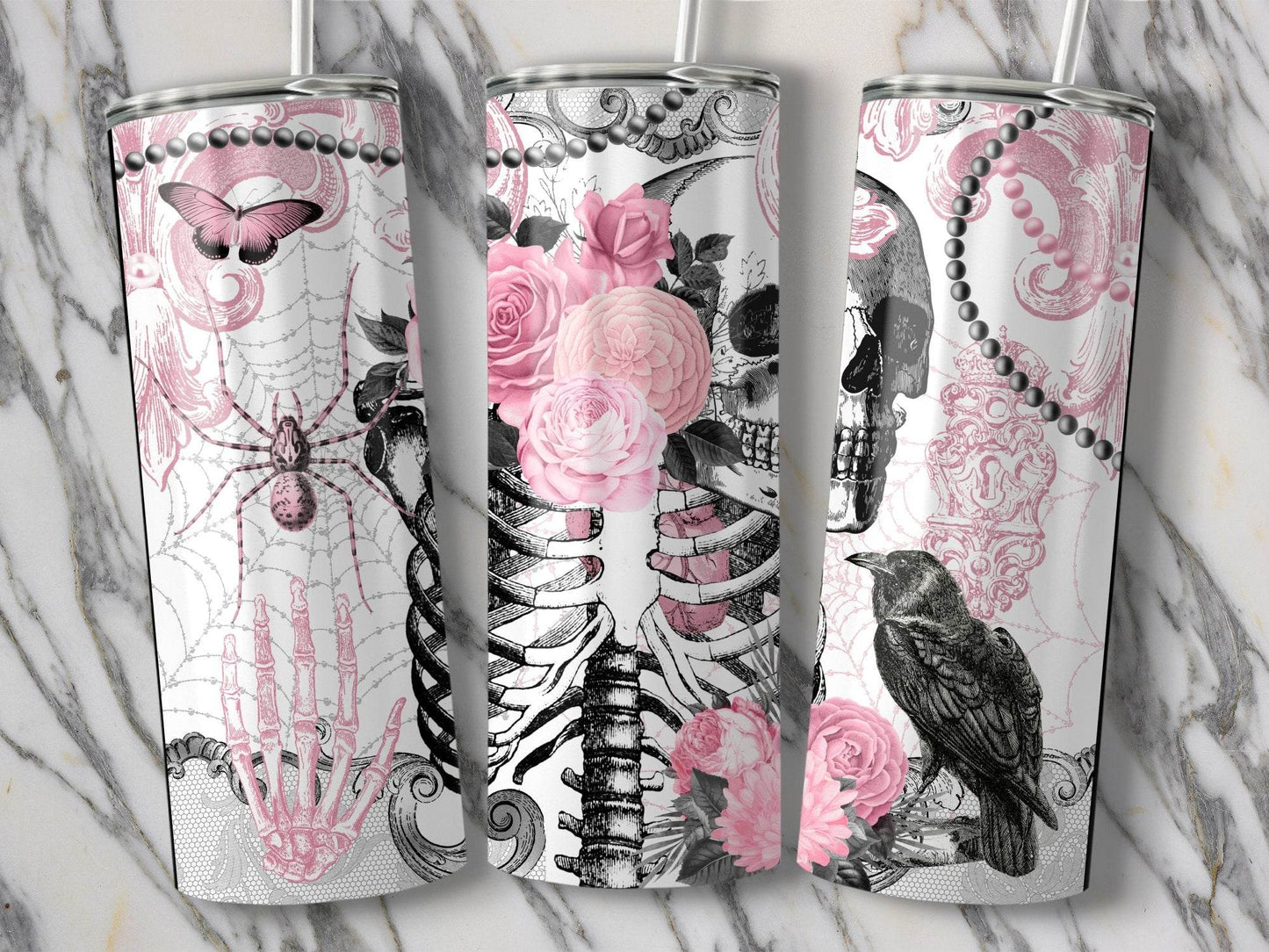 Gothic Roses Skull Spiderwebs Art In Pink And Black Tumbler - Design & Vybe
