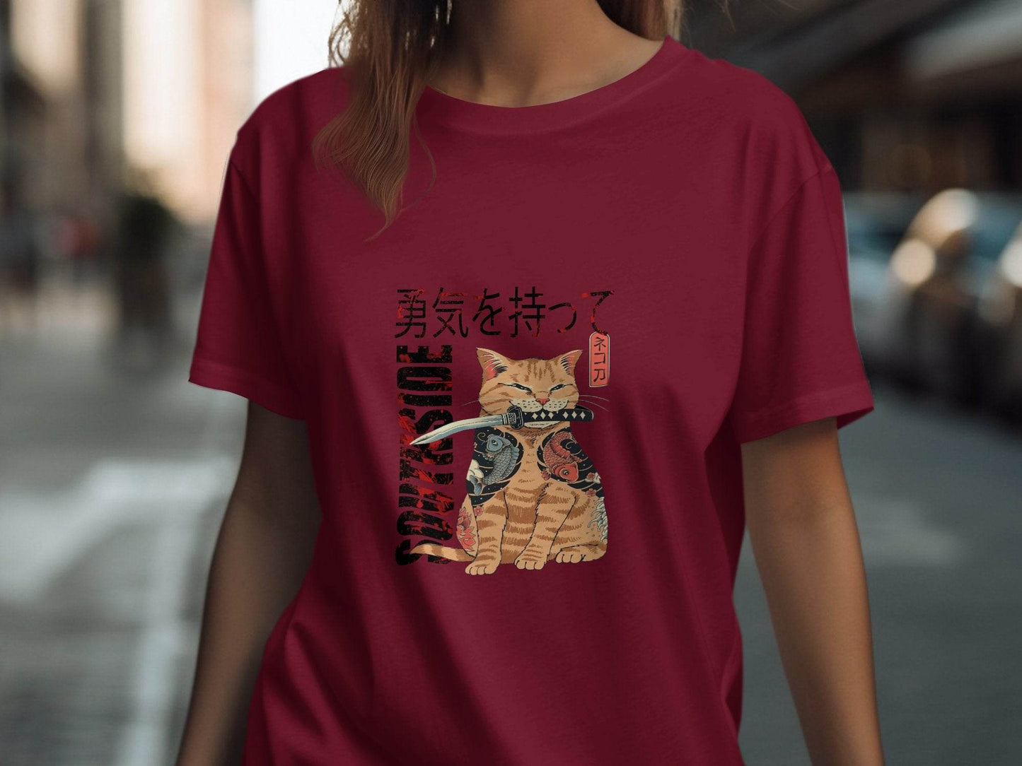Tattooed Cat with Sword and Japanese Southside Text Design T-Shirt - Design & Vybe