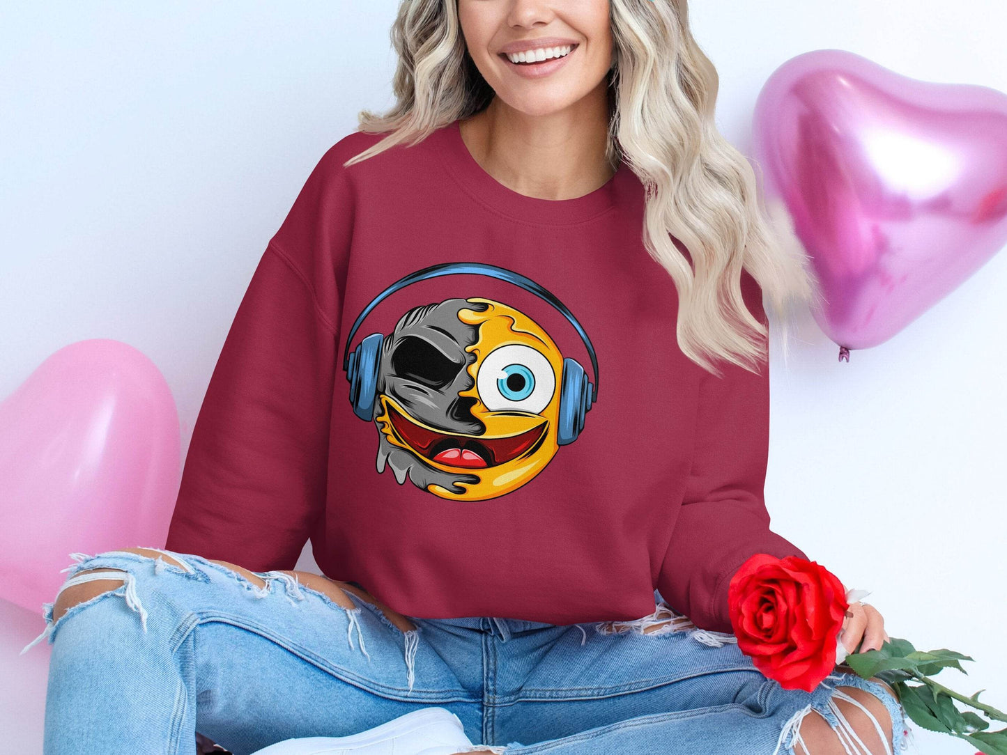 Bold Expression Headphones Smiley Graphic Sweater - Design & Vybe