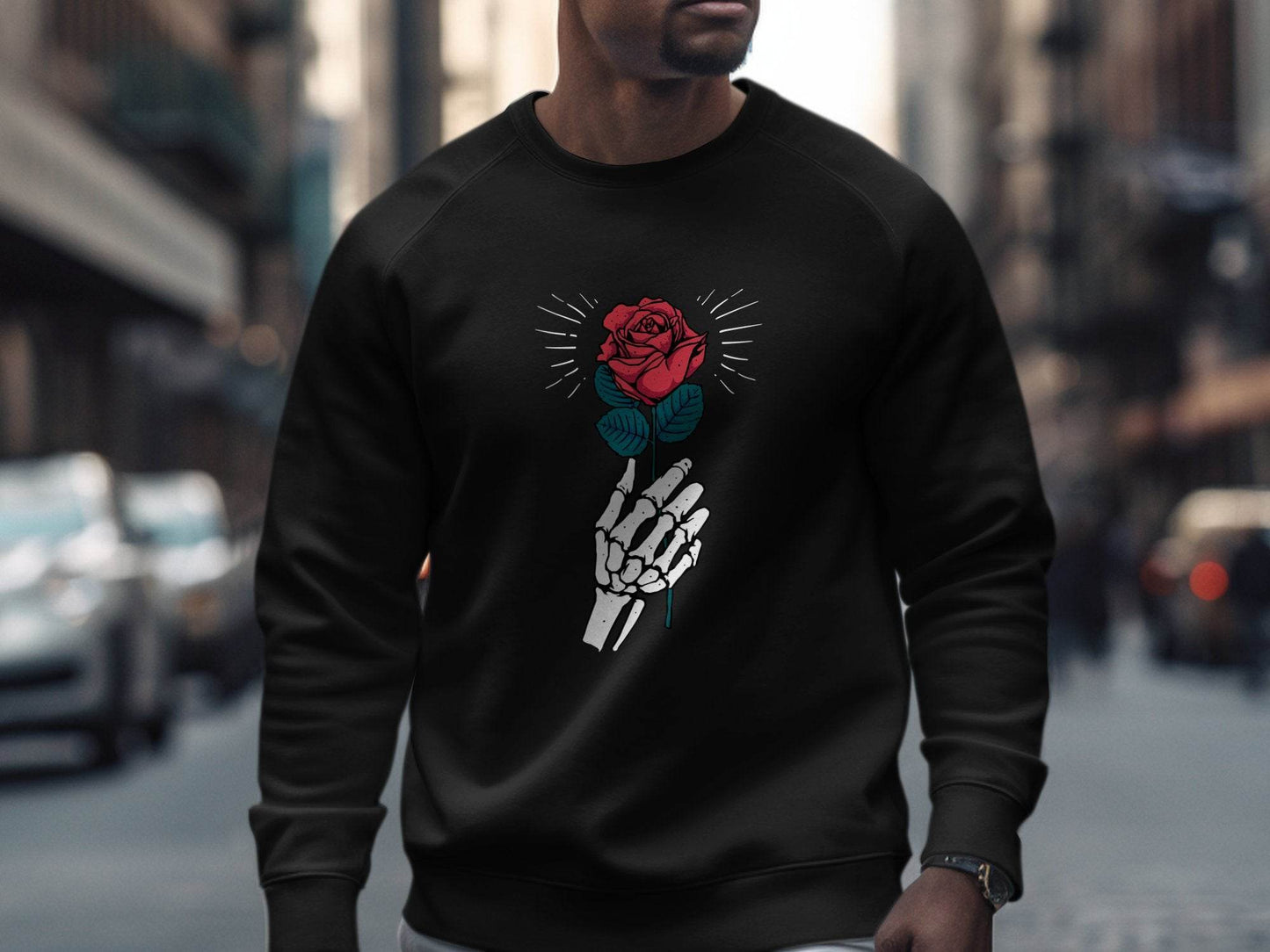 Skeletal Hand Holding Red Rose Floral Design Sweater - Design & Vybe