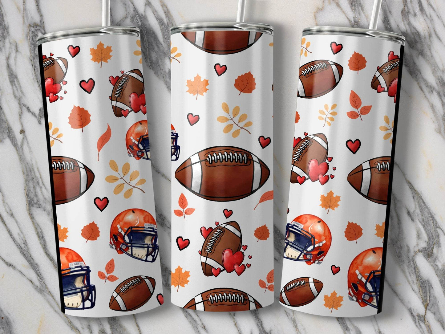 Football Helmet With Hearts And Leaves Pattern Design Tumbler - Design & Vybe