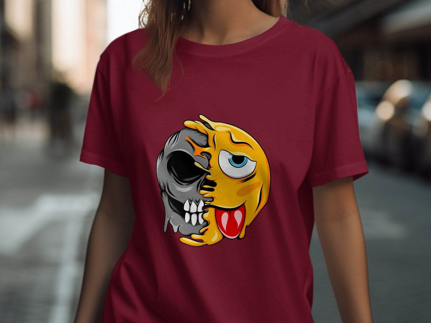 Edgy Skull and Funny Face Duality Creative Smiley T-Shirt - Design & Vybe