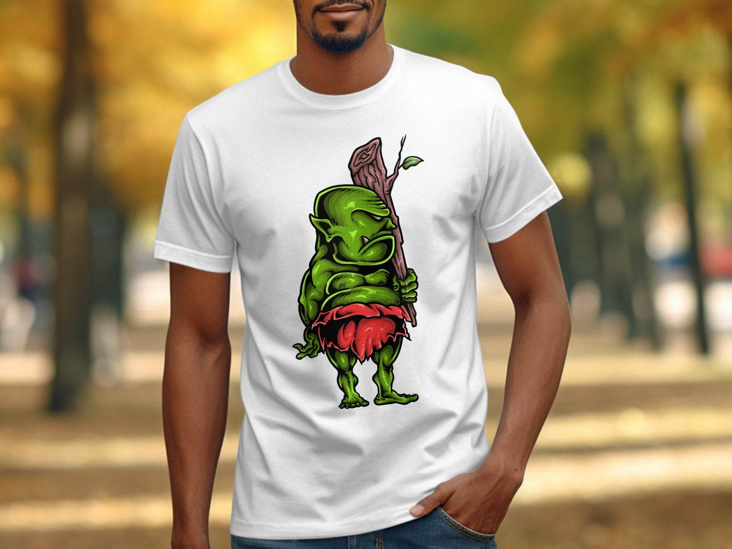 Green Troll Graphic T-Shirt With Red Skirt And Wooden Club - Design & Vybe