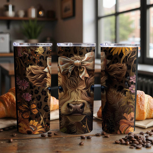 Highland Cow with Bow and Flowers Design Perfect Gift Tumbler - Design & Vybe
