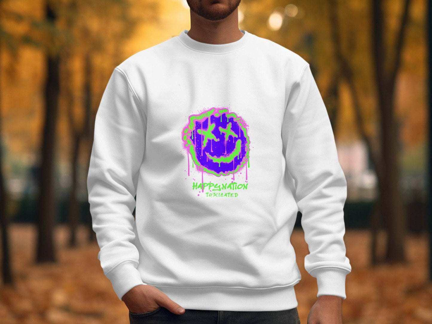Happy Nation Toxiclated Smiley Face Graphic Design Sweater - Design & Vybe