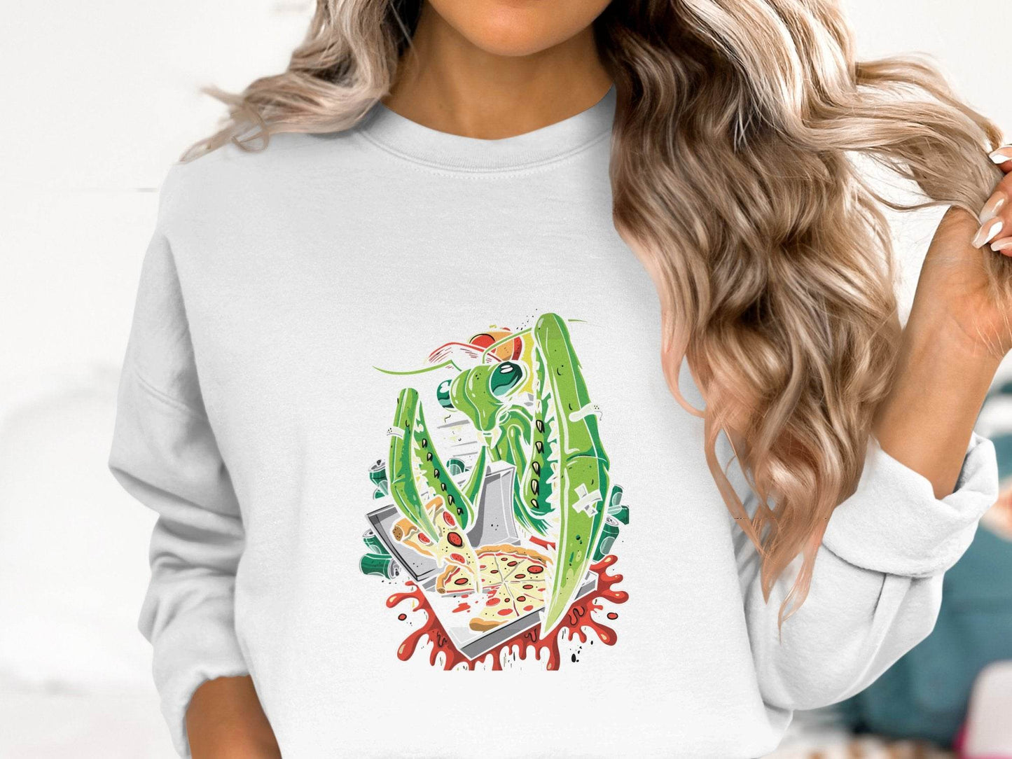 Praying Mantis Enjoying Pizza With Some Drinks Sweater - Design & Vybe