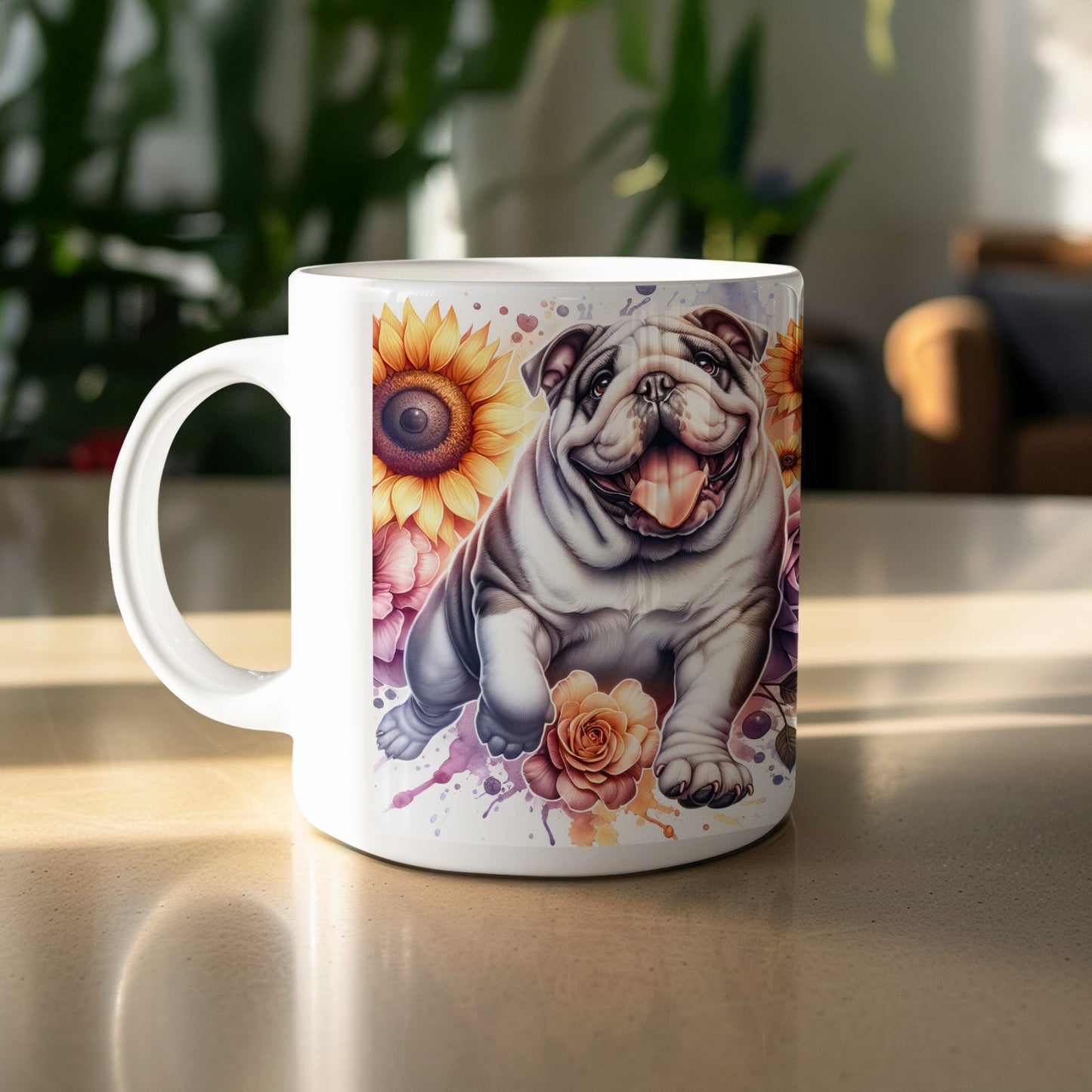 Happy Bulldog With Sunflowers Art Coffee Mug product