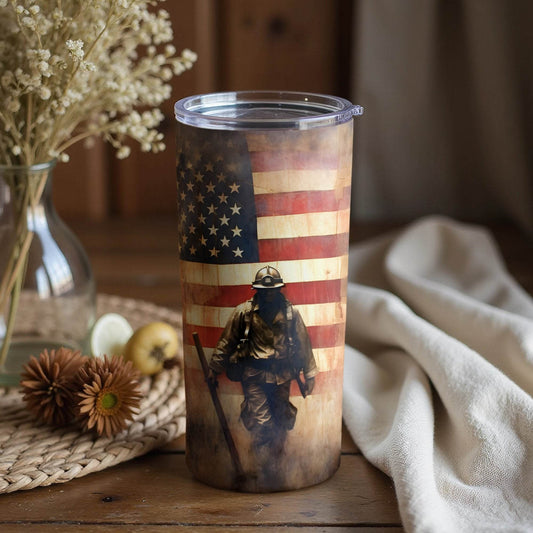 American Firefighter in Front of US Flag Image Tumbler - Design & Vybe
