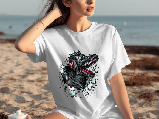 Fierce Dinosaur with Headphones Graphic T-Shirt - Design & Vybe
