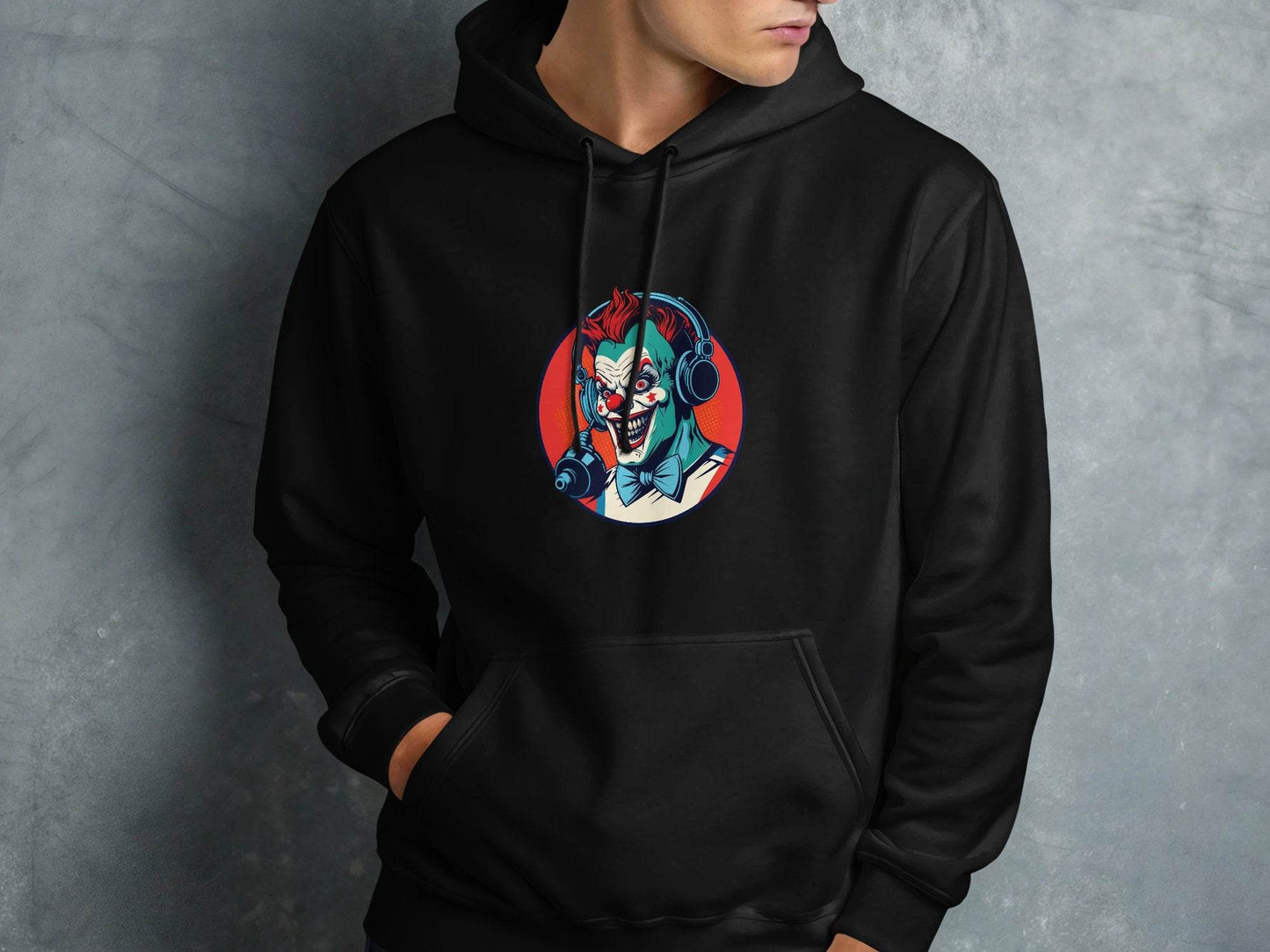 Evil Clown with Headphones Graphic Design Funny Hoodie - Design & Vybe