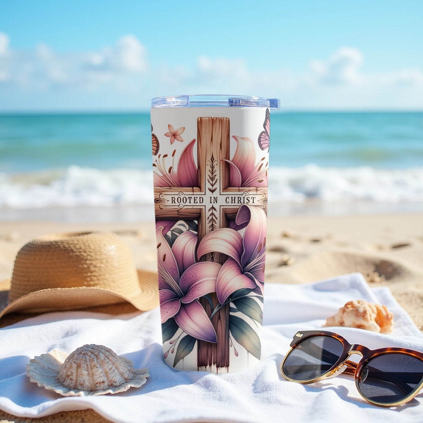 Rooted in Christ Lily and Butterfly Floral Design Tumbler - Design & Vybe