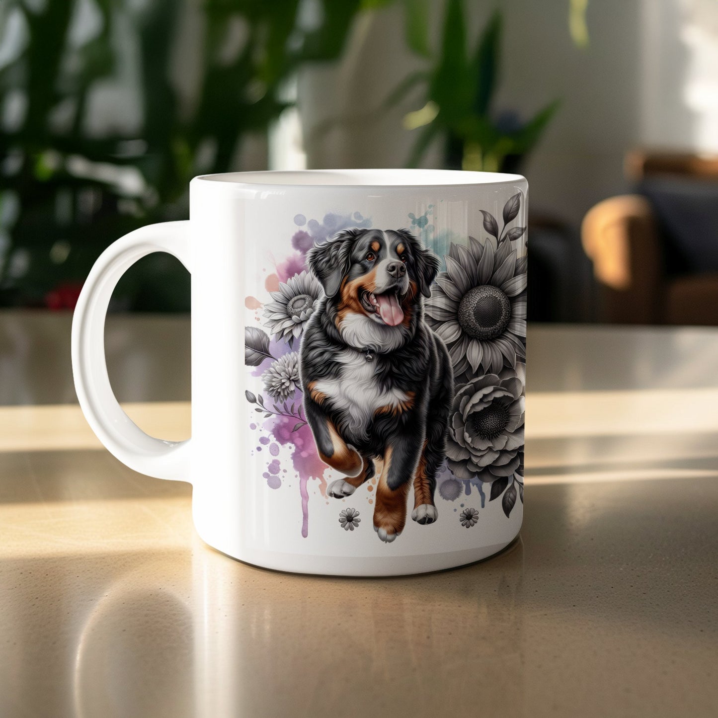 Vibrant Flower and Dog Art White Coffee Mug product