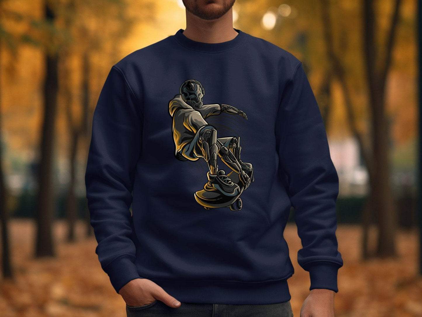 Futuristic Robot Skateboarding Graphic on Trendy Sweater - Design & Vybe