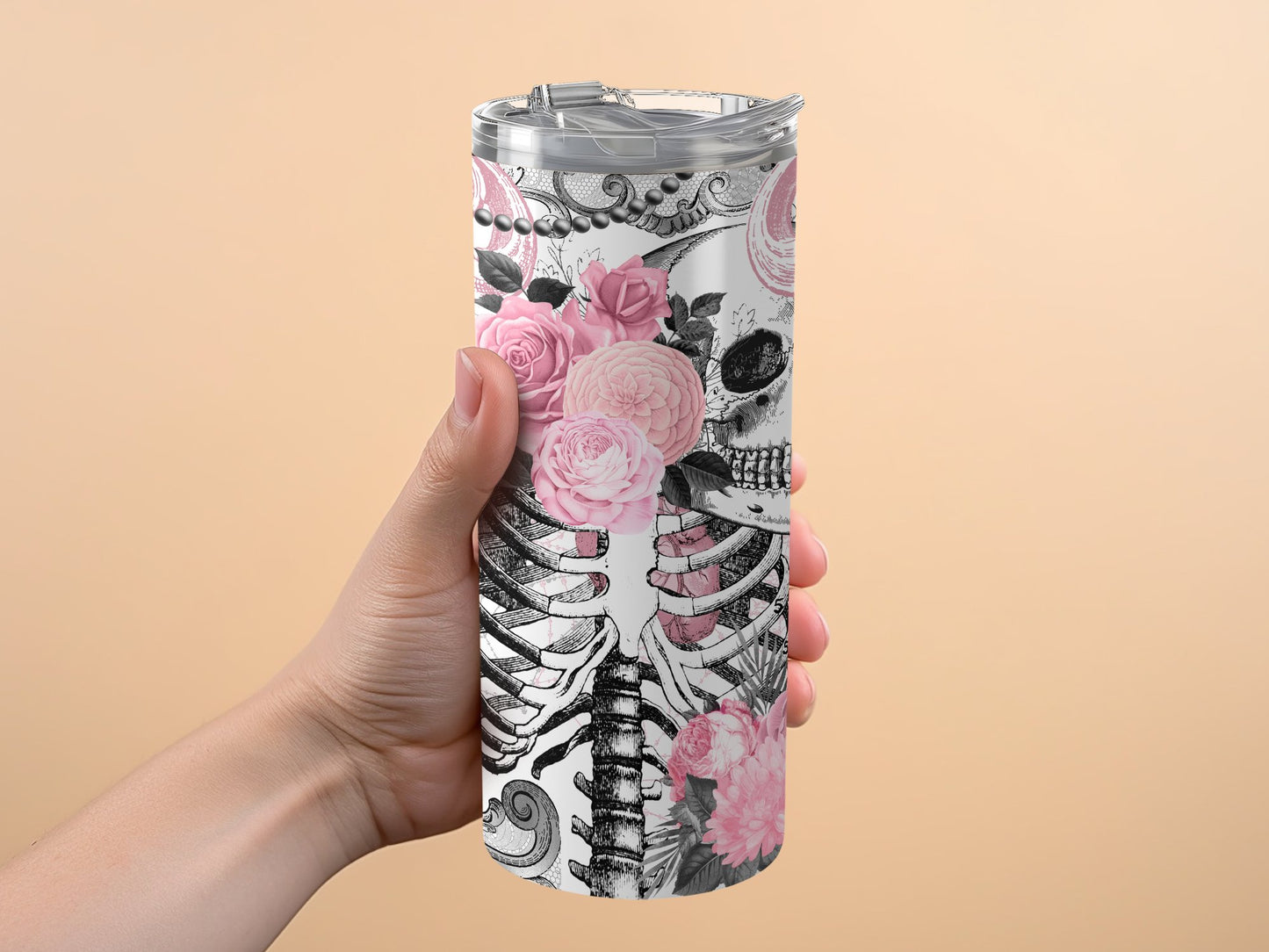 Skeleton with Pink Roses Tall Tumbler Drinkware product type