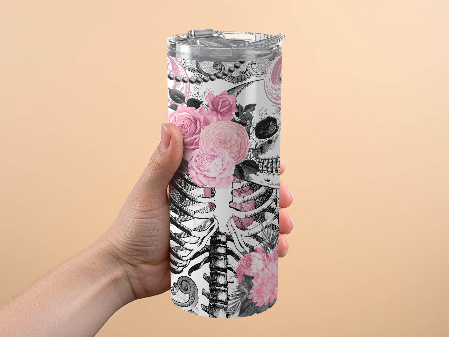 Gothic Roses Skull Spiderwebs Art In Pink And Black Tumbler - Design & Vybe