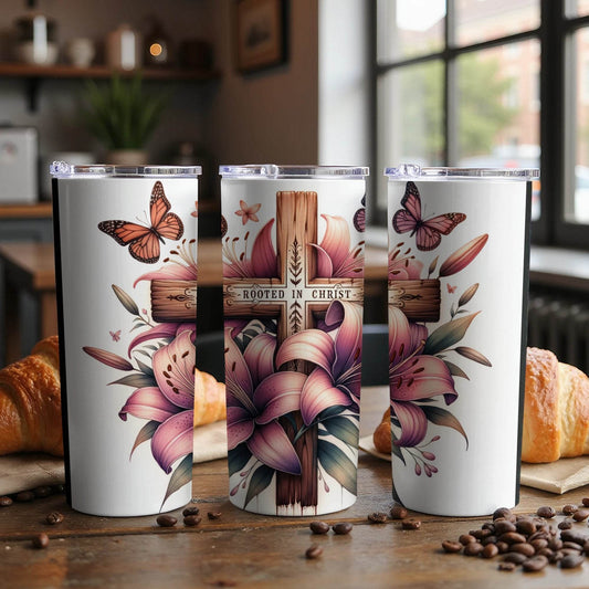 Rooted in Christ Lily and Butterfly Floral Design Tumbler - Design & Vybe